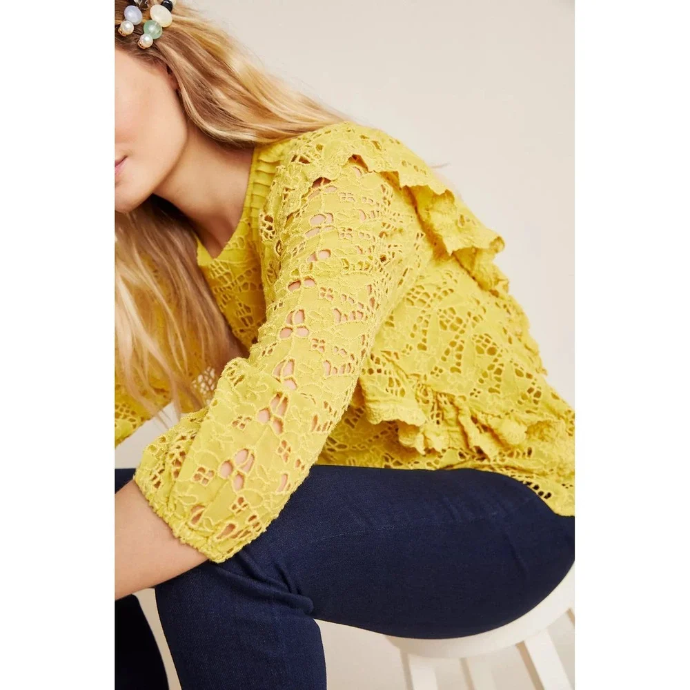 Anthropologie Maeve Clementine Lace Blouse Size 0 Yellow Ruffles